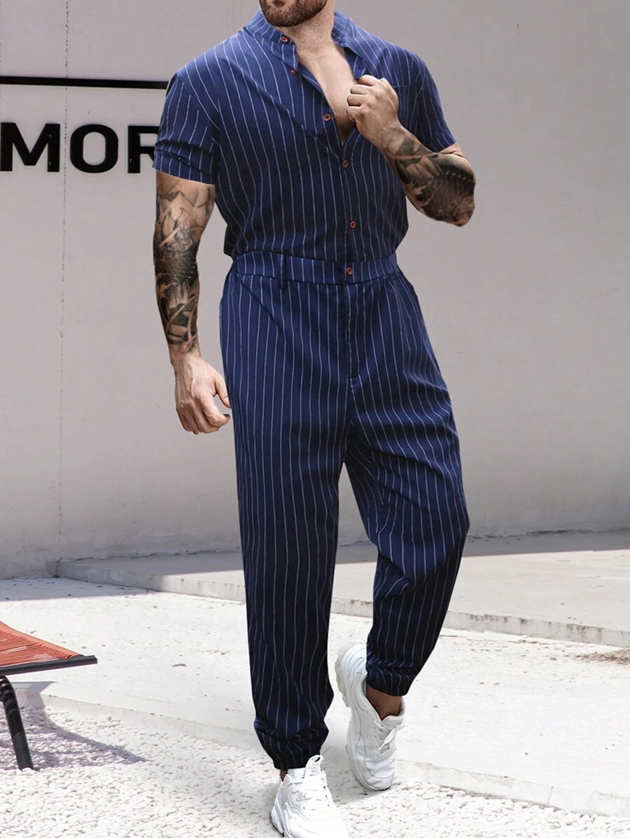 Manfinity Homme 男士條紋印花襯衫連體褲 - 藏蓝色 - 查看 1