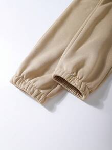 INAWLY 字母圖案袋鼠口袋抽繩保暖連帽衫和運動褲 - 卡其色 - 查看 7