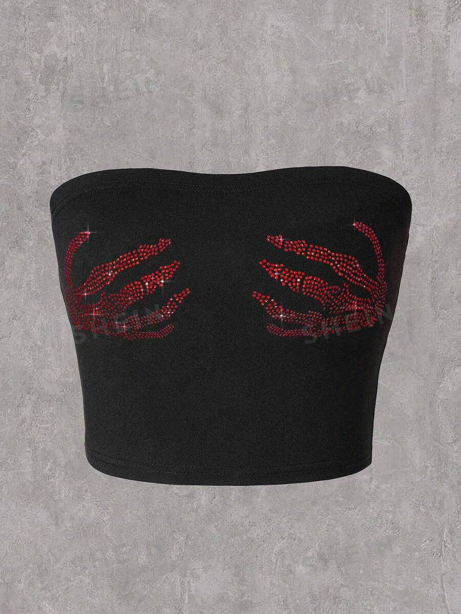 INAWLY Top de tubo con patrón de mano de esqueleto de diamantes de imitación - Negro - Ver 1