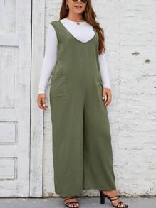EMERY ROSE 大碼素色闊腿連體褲不帶T恤 - 軍綠色 - 查看 3