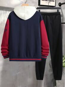 Manfinity Campus Court Hombres Cazadora con estampado de letra de color combinado de hombros caídos con pantalones deportivos sin capucha