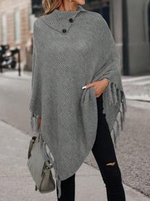 SHEIN LUNE 紐扣細節蝙蝠袖流蘇邊針織斗篷 - 灰色 - 查看 3