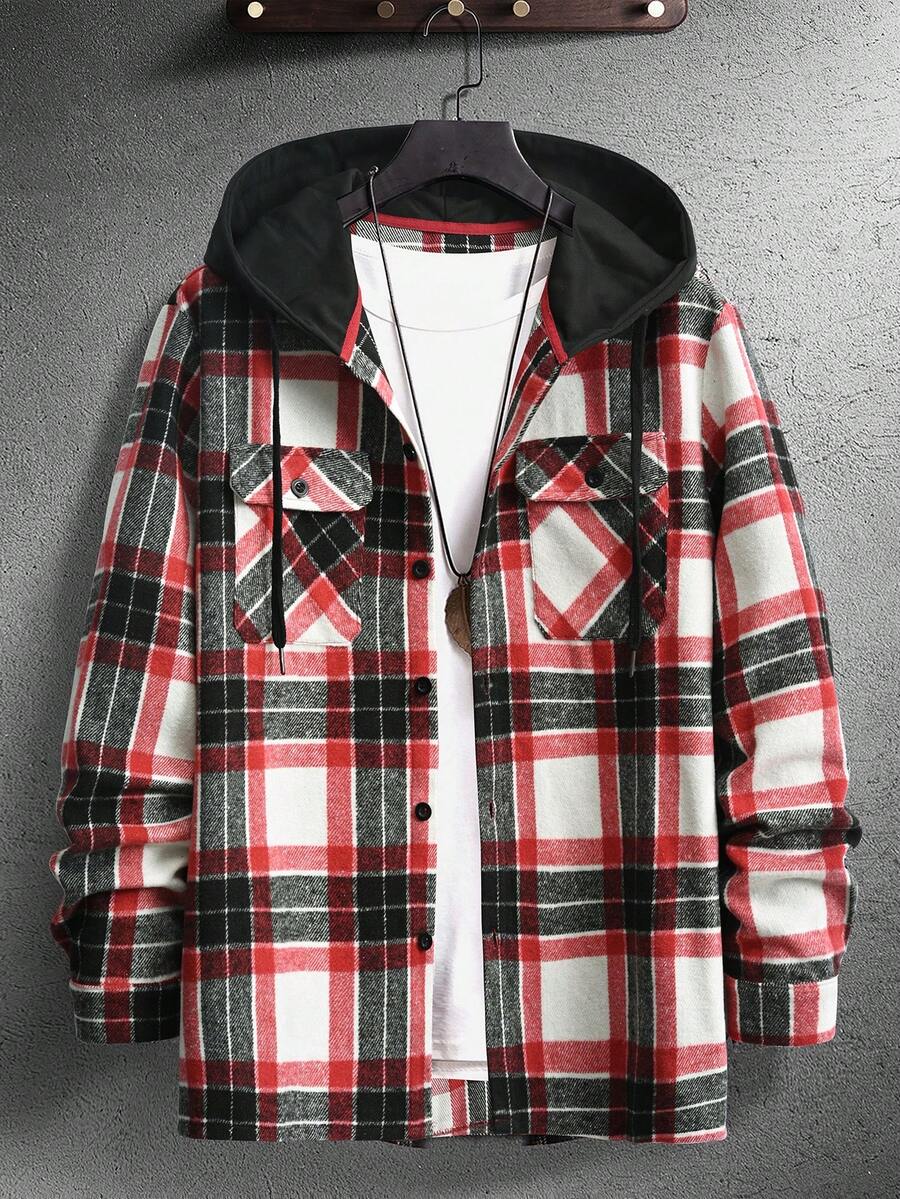 Manfinity Hypemode Men Plaid Print Drawstring Hooded Flap Pocket Overcoat - Multicolor - View 1
