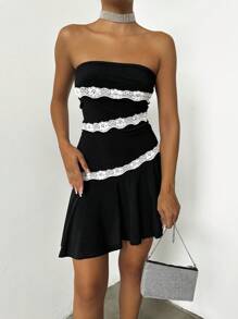 EURMUSE Contrast Lace Ruffle Hem Tube Dress - Black - View 3