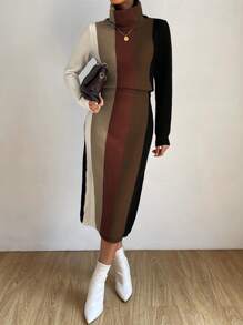Vestido de suéter de cuello alto con bloques de color casual y de moda para mujer - Multicolor - Ver 6
