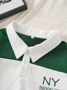 INAWLY Letter Graphic Colourblock Polo Neck Drawstring Hem Crop Sweatshirt - Multicolor - View 3