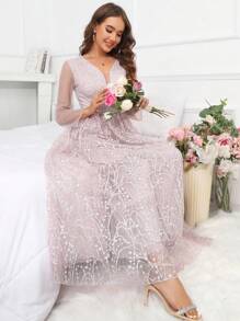SHEIN Belle Lớp phủ lưới Đầm dài - Hồng - Xem 6