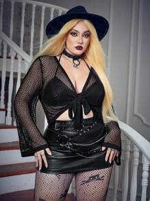 Flirla Talla grande Cárdigan crop con cordón delantero - Negro - Ver 2