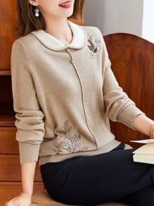 春季刺绣彼得潘领针织女式优雅长袖毛衣上衣 - 駝色 - 查看 1