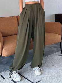 DAZY Solid Drawstring Hem Trousers - Army Green - View 5