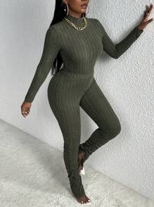 Slaydiva Slayr 休闲家居服高领长袖短款 T 恤和罗纹阔腿裤套装，橄榄绿 - 軍綠色 - 查看 7