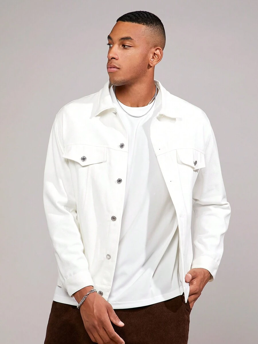 Manfinity RebelGame 男士1入組翻蓋細節前紐扣夾克 - 白色 - 查看 1