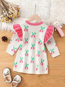 女嬰櫻桃圖案荷葉邊毛衣洋裝
