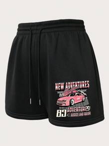 INAWLY Plus Car & Letter Graphic Drawstring Waist Shorts - Black - View 5