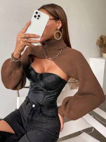 SHEIN Privé 高領超短版套頭毛衣不附抹胸 - 棕色 - 查看 7