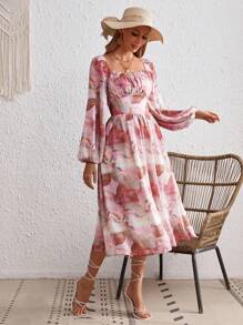 SHEIN VCAY Allover Print Square Neck Lantern Sleeve Ruched Bust Dress