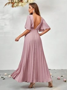 SHEIN Belle Plunging Neck Split Sleeve Pleated Hem Bridesmaid Dress Wedding Guest Dress Women