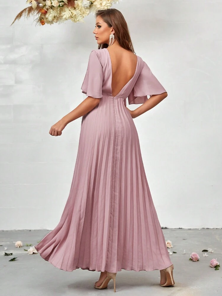 Plunging Neck Split Sleeve Pleated Hem Bridesmaid Dress Wedding Guest Dress Women