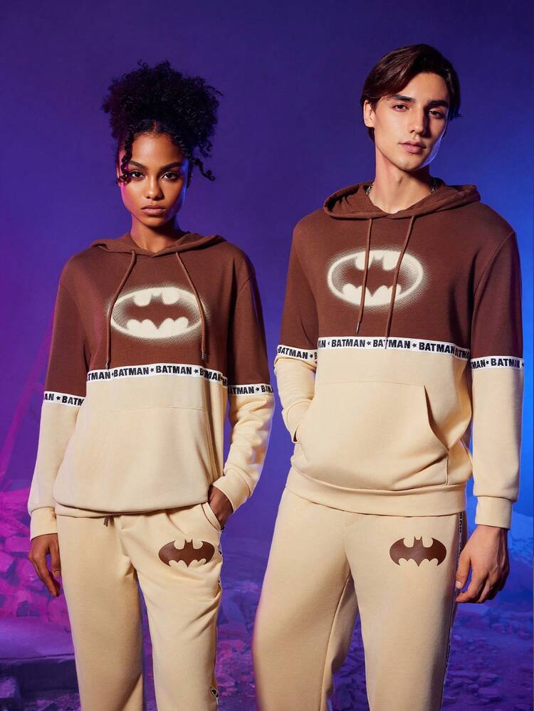 Men 1pc Letter Graphic Colorblock Drawstring Hoodie & 1pc Sweatpants