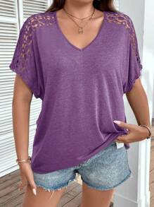 SHEIN Clasi Plus Contrast Lace Dolman Sleeve Tee