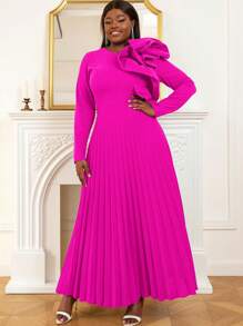 Plus Bow Front Pleated Hem Formal Dress - Hot Pink - View 6