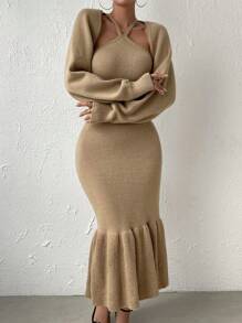 RosyDaze Ruffle Hem Sweater Dress & Lantern Sleeve Bolero Fall Winter Cloth For Women - Mocha Brown - View 4
