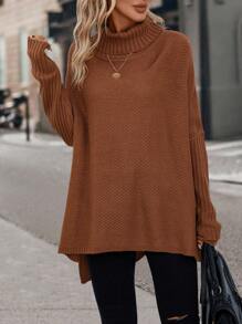 SHEIN Clasi 高領蝙蝠袖下擺開叉套頭毛衣 - 摩卡棕 - 查看 6