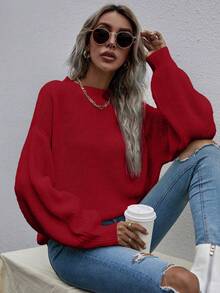 SHEIN LUNE Solid Drop Shoulder Ribbed Knit Sweater - Red - View 3