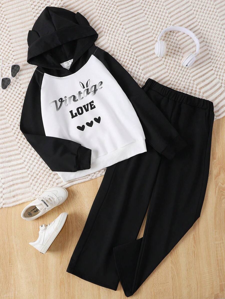 SHEIN Hanorac și pantaloni cu mânecă raglan Tween Girl Letter - Alb-negru - Vizualizare 1