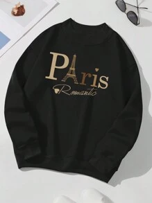 SHEIN Essnce 塔楼字母图案保暖内衬卫衣，适合毕业季、返校季、教师节等场合，女士款，秋季返校套头卫衣 - 黑色 - 查看 1