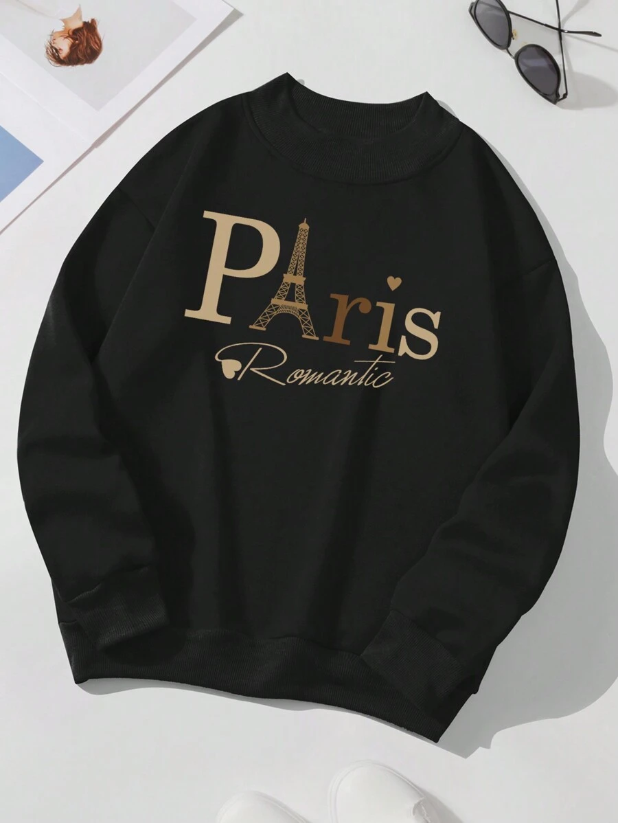 SHEIN Essnce 塔楼字母图案保暖内衬卫衣，适合毕业季、返校季、教师节等场合，女士款，秋季返校套头卫衣 - 黑色 - 查看 1