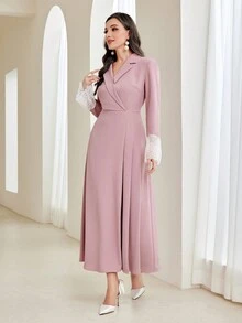 Modelyn Shawl Collar Contrast Lace Dress Without Belt - Dusty Pink - View 5