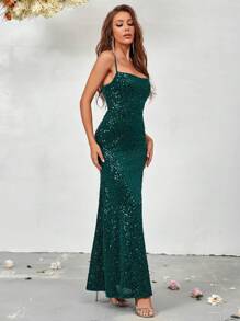 SHEIN Belle 美人鱼下摆亮片礼服优雅舞会晚会婚礼宾客礼服，适合毕业典礼、晚宴 - 綠色 - 查看 6