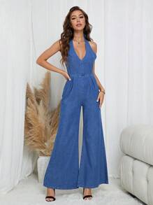 SHEIN Essnce Tie Backless Wide Leg Denim Jumpsuit - Medium Wash - View 8