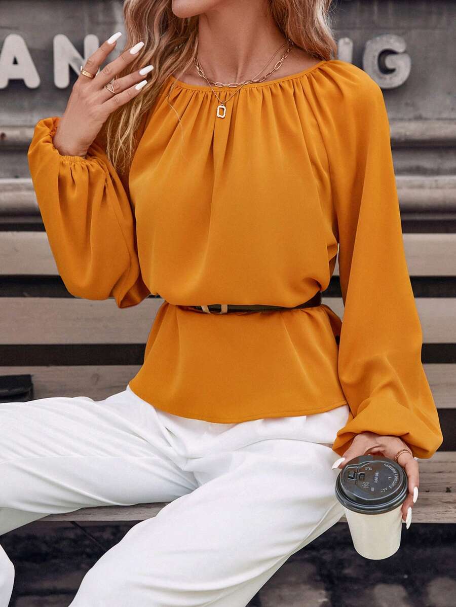 SHEIN Clasi Solid Lantern Sleeve Belted Blouse - Yellow - View 1