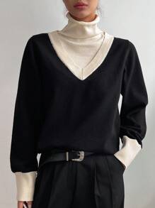 DAZY 雙色高領燈籠袖套頭毛衣 - 黑色 - 查看 4