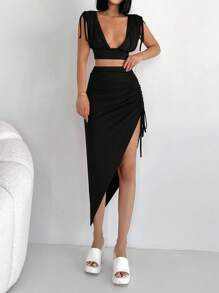 EURMUSE Solid Crop Tank Top & Drawstring Split Thigh Skirt - Black - View 1