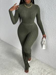 Slaydiva Slayr 休闲家居服高领长袖短款 T 恤和罗纹阔腿裤套装，橄榄绿 - 軍綠色 - 查看 6