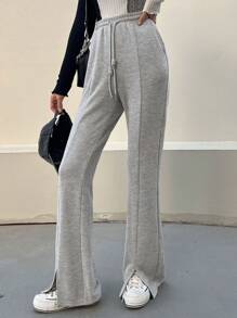 DAZY 纯色抽绳腰部开衩下摆女式慢跑运动裤 - 淺灰色 - 查看 3