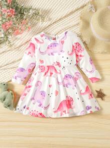 Baby Girl Dinosaur Print Dress - Multicolor - View 1