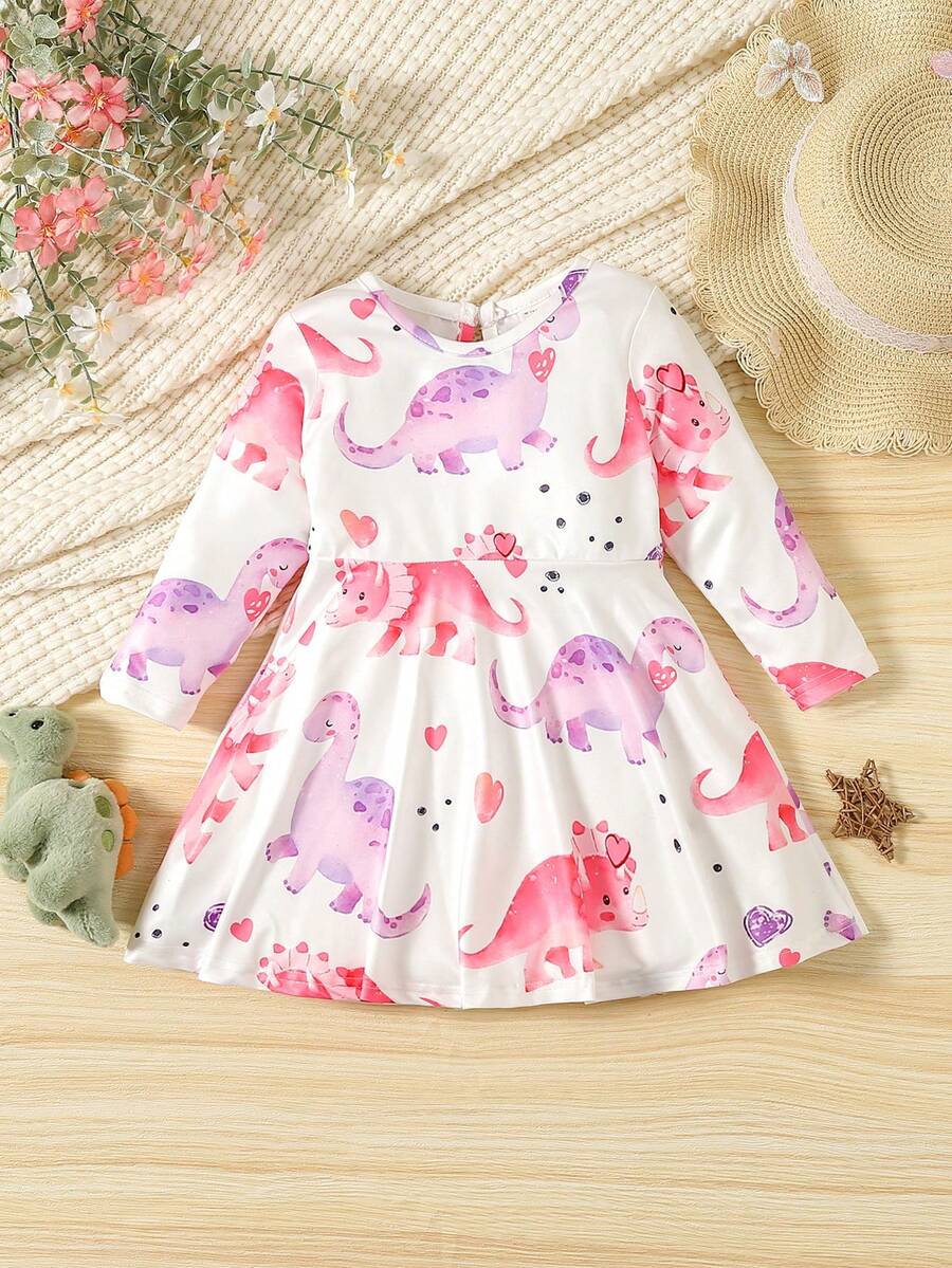 Baby Girl Dinosaur Print Dress - Multicolor - View 1