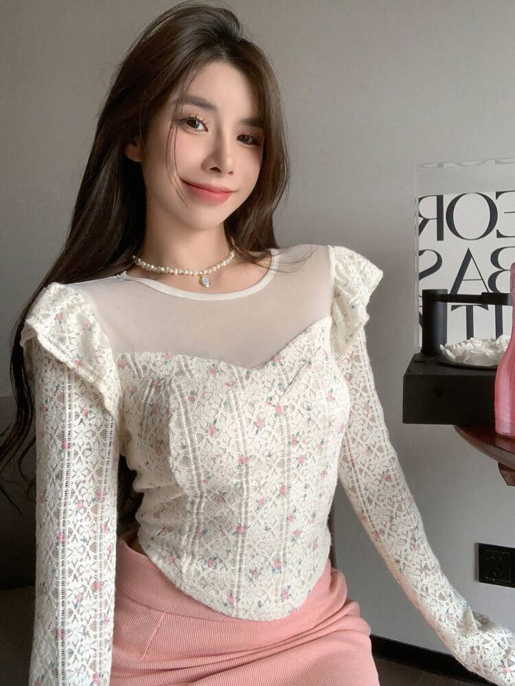 Ditsy Floral Mesh Yoke Ruffle Trim Curved Hem Tee Long Sleeve Women Tops