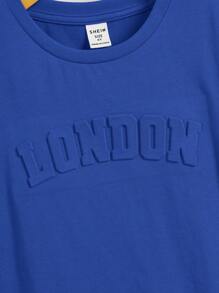 SHEIN Chico joven Camiseta en relieve de letra - Azul - Ver 3