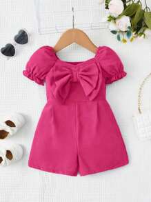 SHEIN Baby Girl Bow Front Puff Sleeve Romper - Pink - View 1