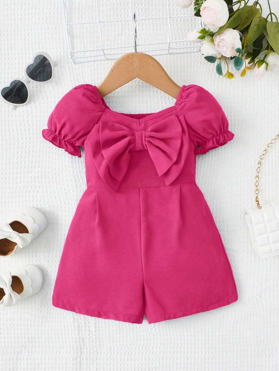 SHEIN Baby Girl Bow Front Puff Sleeve Romper - Pink - View 1