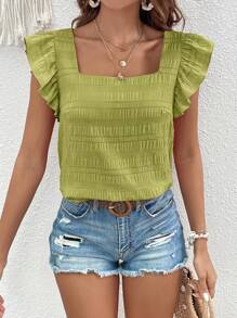 SHEIN VCAY 方領荷葉邊襯衫 - 橄欖綠 - 查看 6