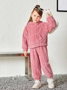 SHEIN 女小童袋鼠口袋毛絨帽衫和褲子 - 藕粉色 - 查看 4