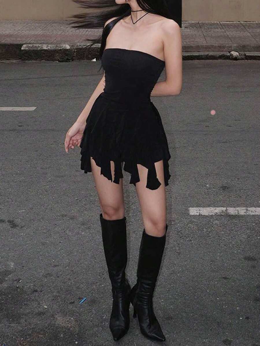 Solid Asymmetrical Hem Tube Dress - Black - View 1