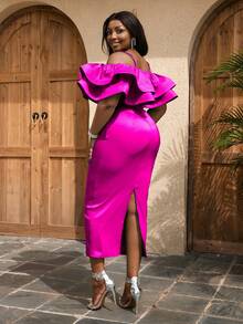 Plus Cold Shoulder Exaggerated Ruffle Trim Split Back Dress - Hot Pink - View 2