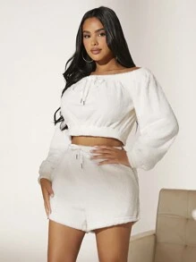 SHEIN SXY 一字肩短款上衣&腰部抽繩短褲 - 白色 - 查看 3